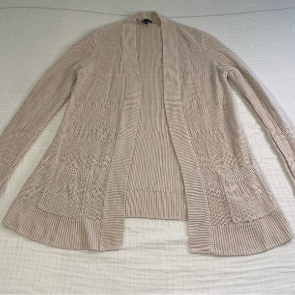 Talbots Linen Open Cardigan Long Sleeve Sweater Pockets Tan Cream Office Medium - Picture 2 of 15